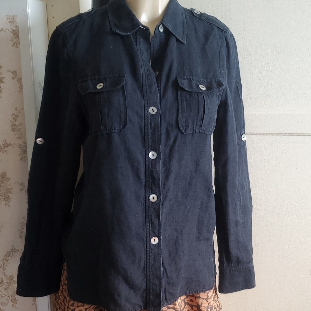Emma Sofia 100% linen button up Roll Tab Sleeve blouse Size 8